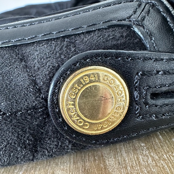 Coach Signature Satin Quilted Rabbit Fur Trimmed Hobo Handbag Black - Picture 10 of 16